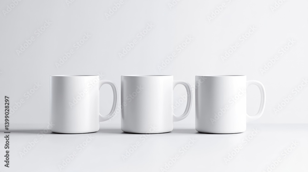 Poster three white mugs simple studio minimalist style high-resolution even lighting horizontal row blank d