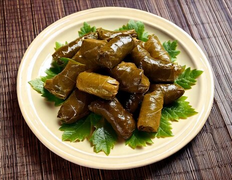 Feuilles de vignes farcies avec du riz. Dolmas sp&eacute;cialit&eacute; grecque. Generated image