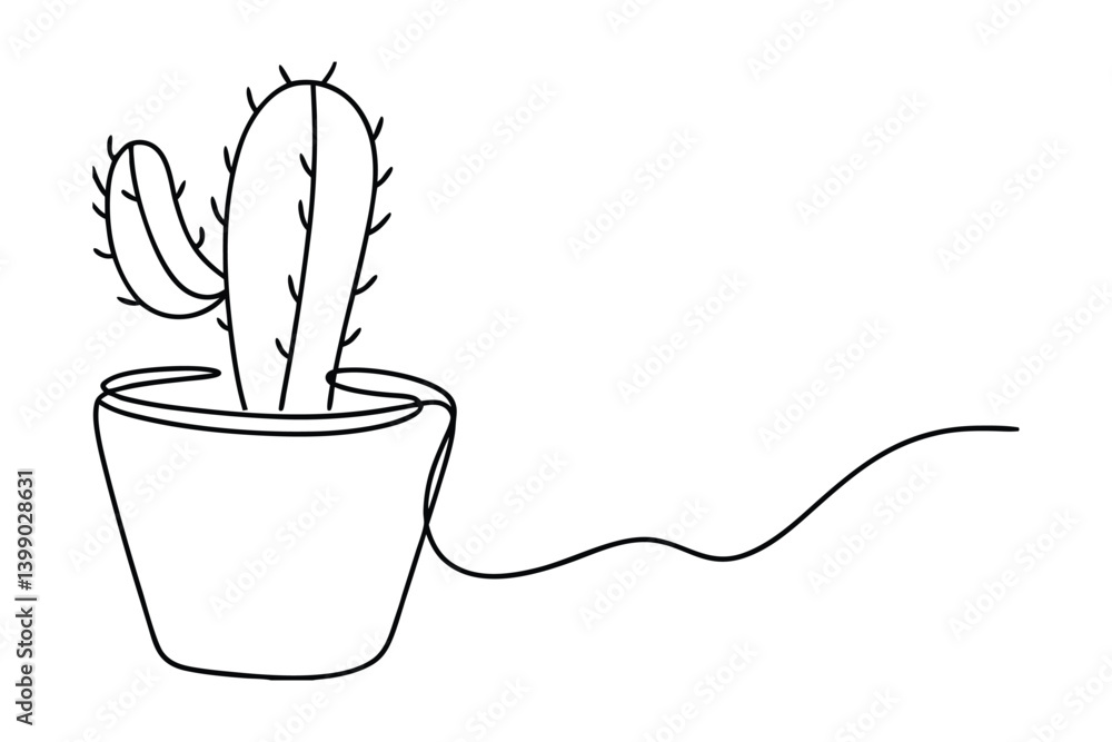 Poster minimalist one line drawing of cactus in pot continuous line art botanical illustration simple black
