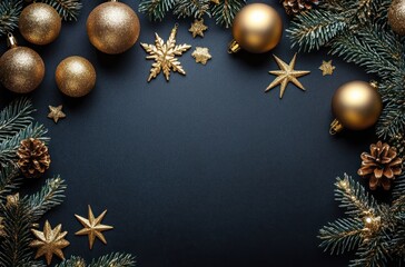 Minimalist Christmas Flat Lay with Golden Ornaments on Dark Background