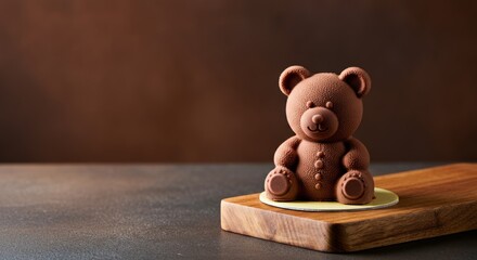 Chocolate teddy bear dessert on wooden board against brown background
