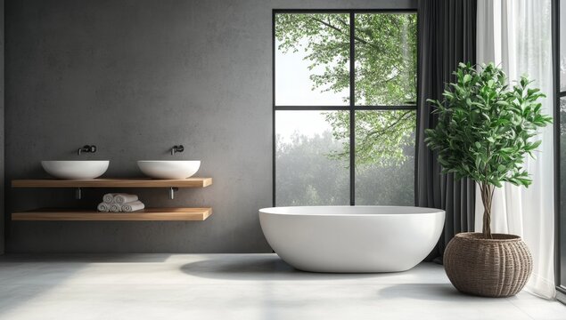 Modern, minimalist bathroom with large window, showcasing a serene and stylish space.  A  stylish,  contemporary  bathroom  featuring  a  white  freestanding  tub  and  double  vanity.  - Powered by Adobe