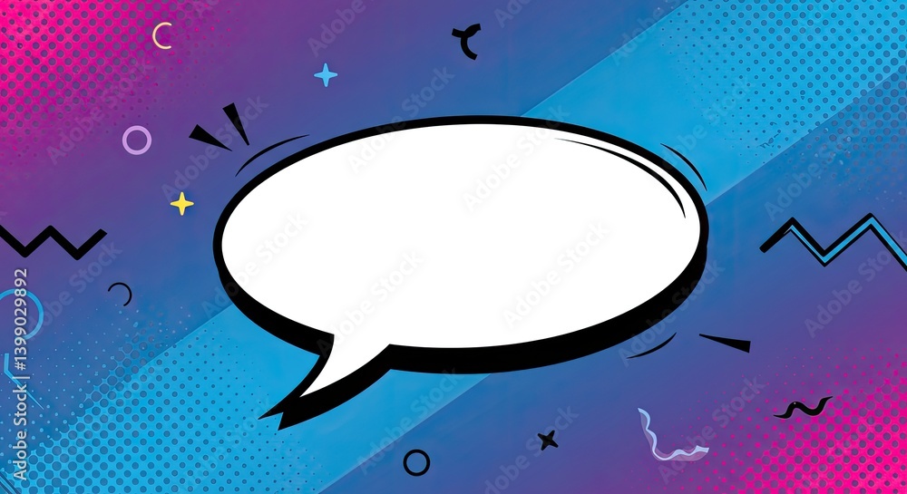 Poster white speech bubble on gradient background with geometric shapes and pop art style