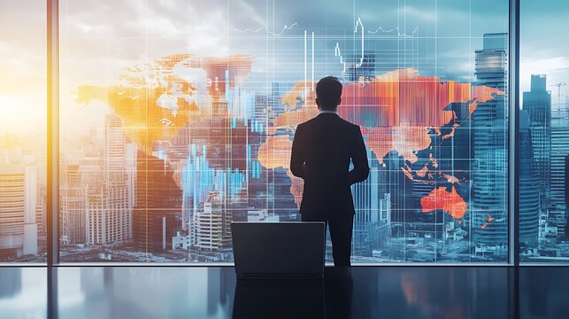 Business professional observing urban skyline and digital world map projection, enveloped in a dynamic and high-tech atmosphere, emphasizing global connectivity and innovation