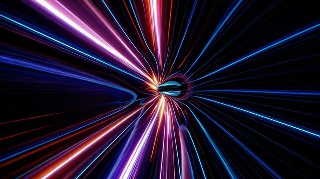 Dynamic, futuristic video concept with a warp-speed effect. Vibrant light trails converge at a central point, creating a tunnel-like perspective. Live desktop wallpaper.