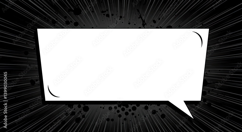 Poster white speech bubble on a black background with radial lines and splatters representing communication