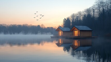 Fototapeta premium Tranquil Morning at Floating Cabins by Serene Lake with Mist and Birds