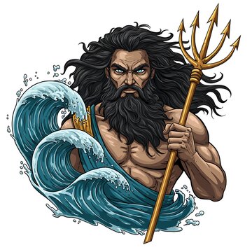 Mythical Poseidon Holding Trident in Stormy Waters
