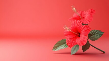 Obraz premium Vibrant Hibiscus Flowers on Red Background