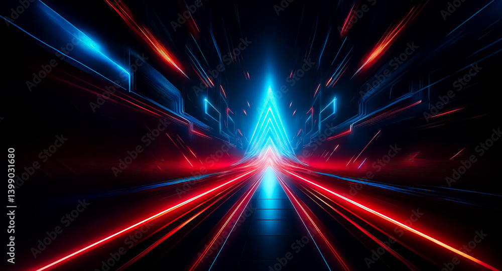 Poster abstract digital art depicting a futuristic, neon-lit tunnel with converging red and blue lines form
