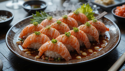 Exquisite sushi, wasabi and soy sauce.