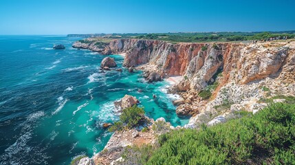 Fototapeta premium Stunning Coastal Landscape with Clear Water and Rocky Cliffs in Summer