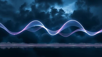 Abstract Digital Waveform Visualization Against Dark Blue Cloud Backdrop with Glowing Lines - Powered by Adobe