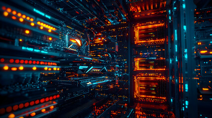 Obraz premium Abstract Futuristic Server Room Interior With Glowing Lights
