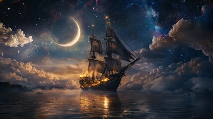 A sailing ship on water under a crescent moon and starry night sky.