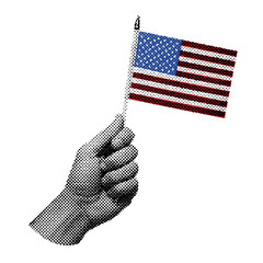 hand holding a small American flag, retro halftone effect illustration, vintage photocopy, USA Independence Day illustration