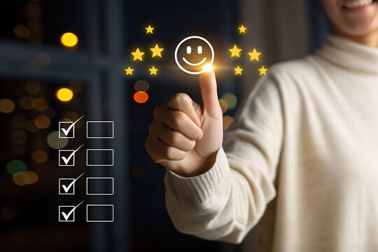 Customer Satisfaction Icon: A person's finger illuminates a glowing smile, flanked by sparkling stars, highlighting a checklist reflecting a customer's gratification