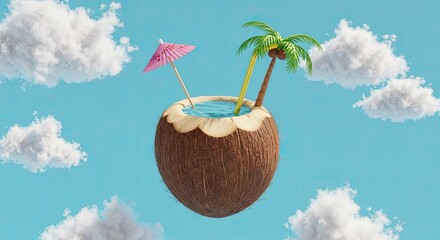 Pixelated Coconut Cocktail with Palm Tree and Umbrella in a Blue Sky with White Clouds