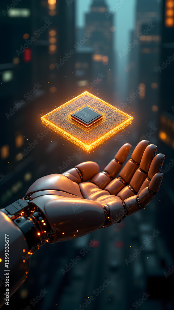 Poster a quantum chip floats above a robotic hand, its nano-circuits pulsing golden fractal energy. cyberpu
