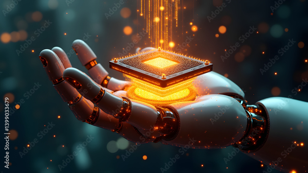 Poster a quantum chip floats above a robotic hand, its nano-circuits pulsing golden fractal energy. cyberpu