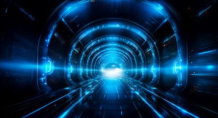 Obraz premium A futuristic, glowing blue tunnel stretches into the distance, its metallic walls reflecting vibrant light. The scene evokes a sense of speed and technological advancement.