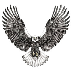 This is a detailed grayscale illustration depicting a bald eagle with its wings spread wide open.