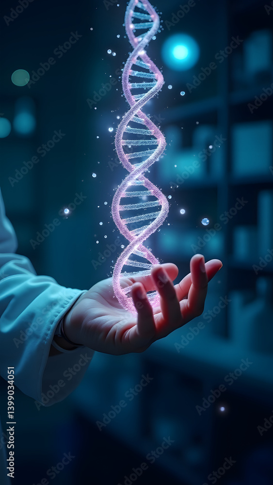 Aufkleber a dna helix morphs into code above a vr glove, with nucleotide data nodes connecting research panels