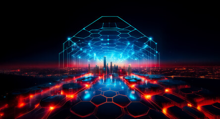 Futuristic cityscape at night, glowing with vibrant red and blue neon lights. A hexagonal energy grid dominates the scene, symbolizing advanced technology and connectivity.