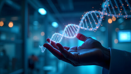 A DNA helix morphs into code above a VR glove, with nucleotide data nodes connecting research panels. 12K biotech innovation scene.