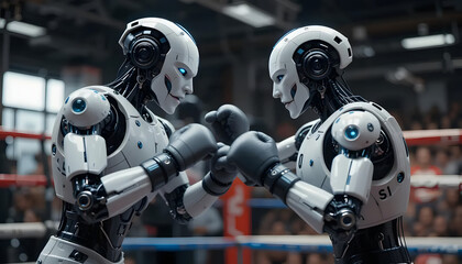AI Robots Boxing in a Ring with Audience in Background