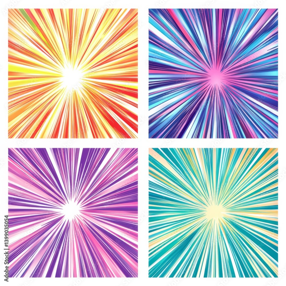 Poster set of colorful radial lines in comic style, creating a dynamic and action-packed background