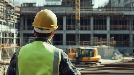 A construction worker wearing a hard hat and safety vest, working on a building site. Featuring focus and determination
