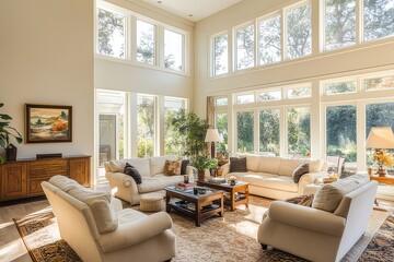 Fototapeta premium Minimalist baby room in neutral palette with wooden crib and cozy armchair