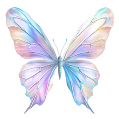 The image shows a stunning, digitally rendered butterfly with iridescent wings and a detailed appearance.