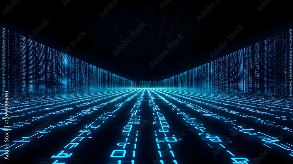 Poster digital binary code tunnel glowing blue light
