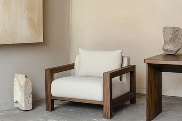 Modern Wood Frame Armchair with Textured Cushions in Neutral Interior