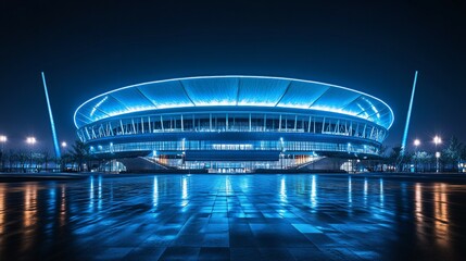 Obraz premium Illuminated stadium at night reflects in water creating a blue ambiance.