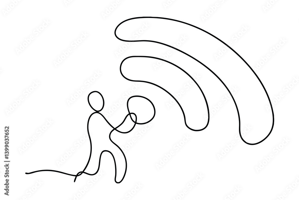 Poster minimalist line art of man connecting to wifi signal for connectivity and communication illustration