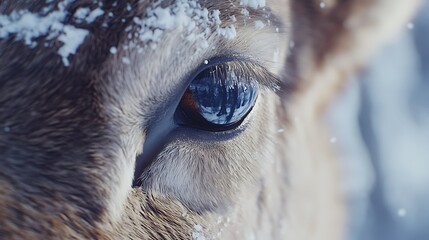 Close-up view of a deer's eye with snowflakes falling, reflecting surrounding nature in winter, showcasing details of the fur and the glistening eye