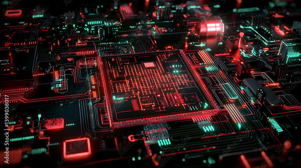 Poster close up futuristic circuit board design with glowing components