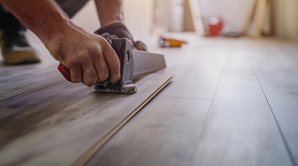 A flooring installer cutting laminate flooring for a room. Featuring precision and attention to detail