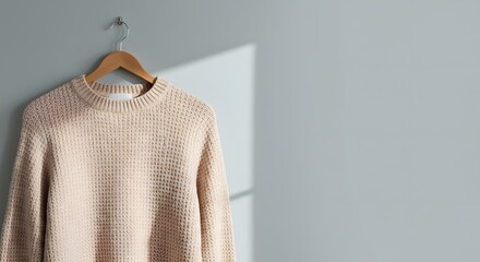 Sweater Hanging on Wooden Hanger Against Gray Wall