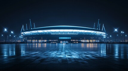 Obraz premium Illuminated stadium reflects on water surface at night creating a beautiful scene.