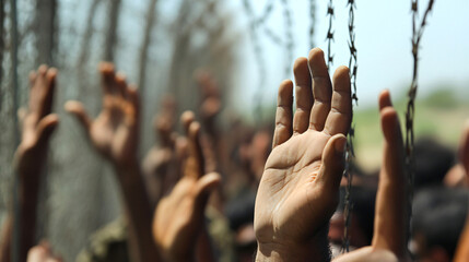The prisoners stand hands up over his head to surrender, Generative ai
