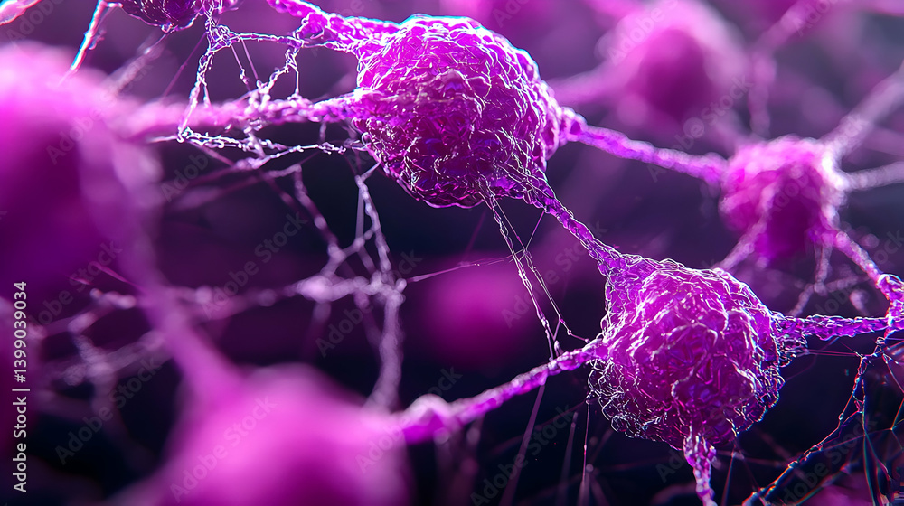 Poster close up view of magenta neurons in brain