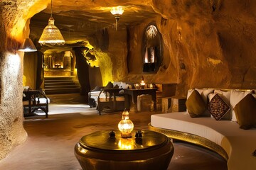 Luxurious Cave Interior with Unique Lighting and Elegant Furnishings