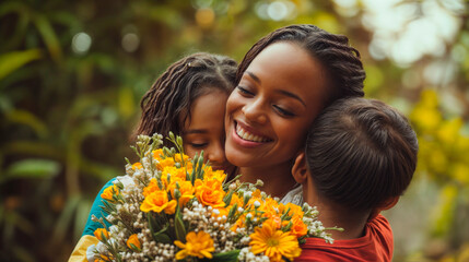 A mother embraces her two children tightly, holding a bouquet of flowers, smiling with love in a natural setting of greenery. 
mothers day