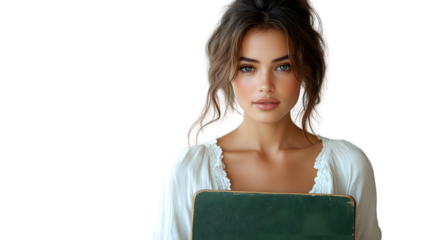 A woman in a white blouse holding a green chalkboard ideal for education and learning themes