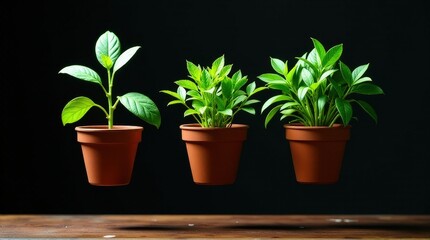 Fototapeta premium Three floating potted plants against dark background.