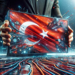 Man holding tablet with digital Turkish flag in futuristic cyberpunk city